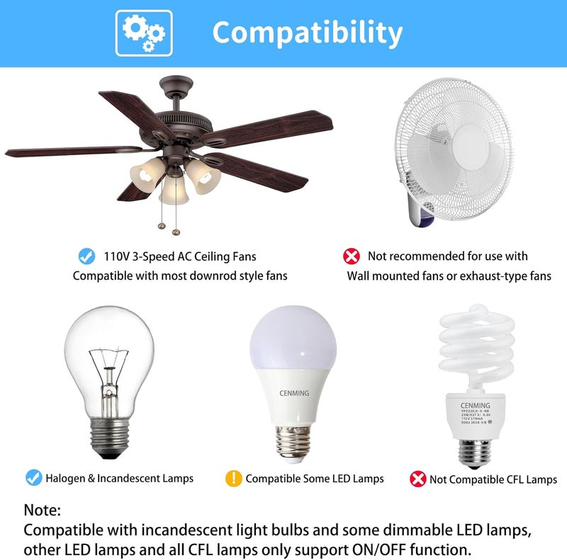 CENMING Universal Thermostatic Ceiling Fan Remote Control Kit Replacement for Hampton Bay Home Decorators Collection Hunter Harbor Breeze,w/Speed Control Timer Light Dimmer,for 2AAZPHD3/HD3 KUJCE10320/TR222A - Image 3